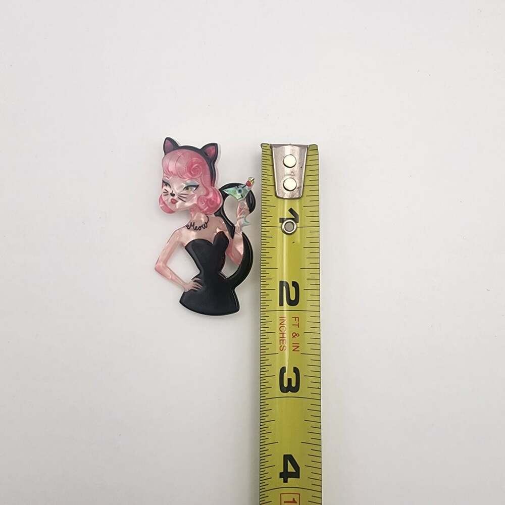 Cat Pin-Up Girl Brooch Pin with Cocktail Drink and Meow Necklace